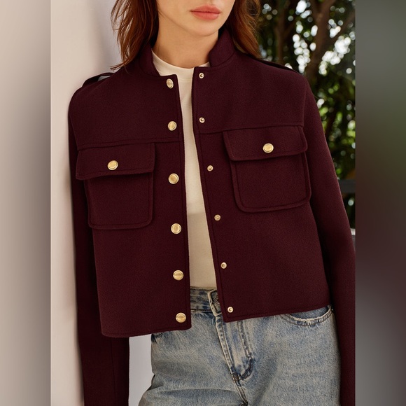 393. Stand Collar Button Down Jacket in Burgundy - Picture 2 of 7